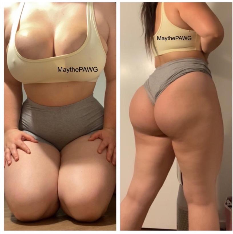 On the left there is a white woman wearing gym clothes, on the right she is on her back showing her huge butt